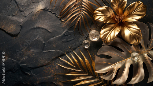 A gold leafy plant with a gold flower on top of it
