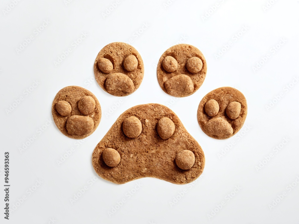 A creative arrangement of pet food shaped like a paw print placed on a clean white background A creative arrangement of pet food shaped like a paw print placed on a clean white background