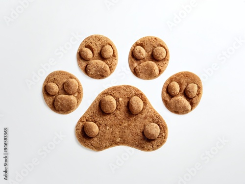 A creative arrangement of pet food shaped like a paw print placed on a clean white background