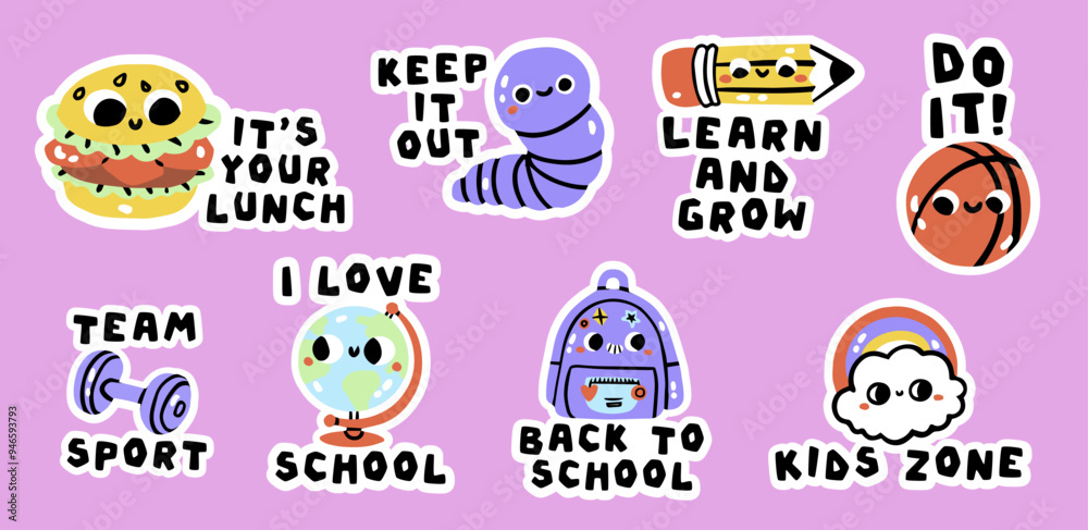 Set of stickers for planner and diaries, vector flat illustration. Cute sticker pack with school stationery and art supplies, cartoon image and trendy lettering. Kawaii style. Educational clipart set Set of stickers for planner and diaries, vector flat illustration. Cute sticker pack with school stationery and art supplies, cartoon image and trendy lettering. Kawaii style. Educational clipart set