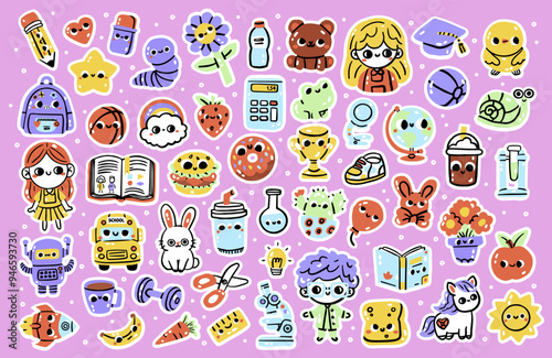 Set of stickers for planner and diaries, vector flat illustration. Cute sticker pack with school stationery and art supplies, cartoon image and trendy lettering. Kawaii style. Educational clipart set 