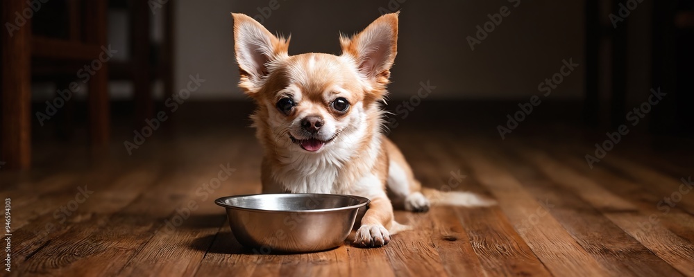 A cheerful Chihuahua enjoying a meal in a cozy wooden kitchen during the afternoon A cheerful Chihuahua enjoying a meal in a cozy wooden kitchen during the afternoon