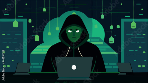 Hacker programmer it specialist coder sitting at a laptop in the hoodie vector illustration