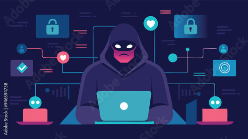 Hacker programmer it specialist coder sitting at a laptop in the hoodie vector illustration