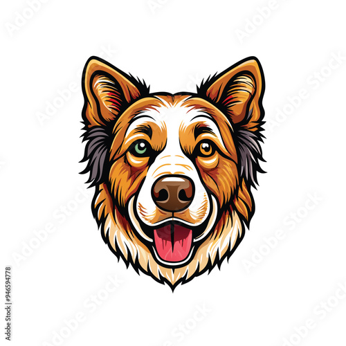 A close-up vector illustration of a loyal dog with brown, white, and black fur, green and brown eyes, and a pink tongue sticking out.