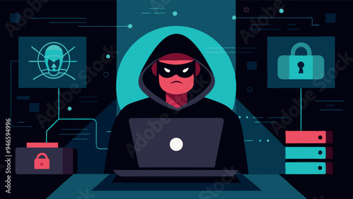 Hacker programmer it specialist coder sitting at a laptop in the hoodie vector illustration