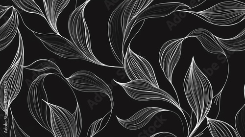 Vector seamless pattern of white lines with leaves on a black background, simple outline drawing waves and curves
