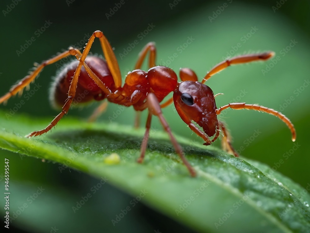 Red ant crawling on a green leaf, captured in macro close-up, highlighting its natural environment Red ant crawling on a green leaf, captured in macro close-up, highlighting its natural environment