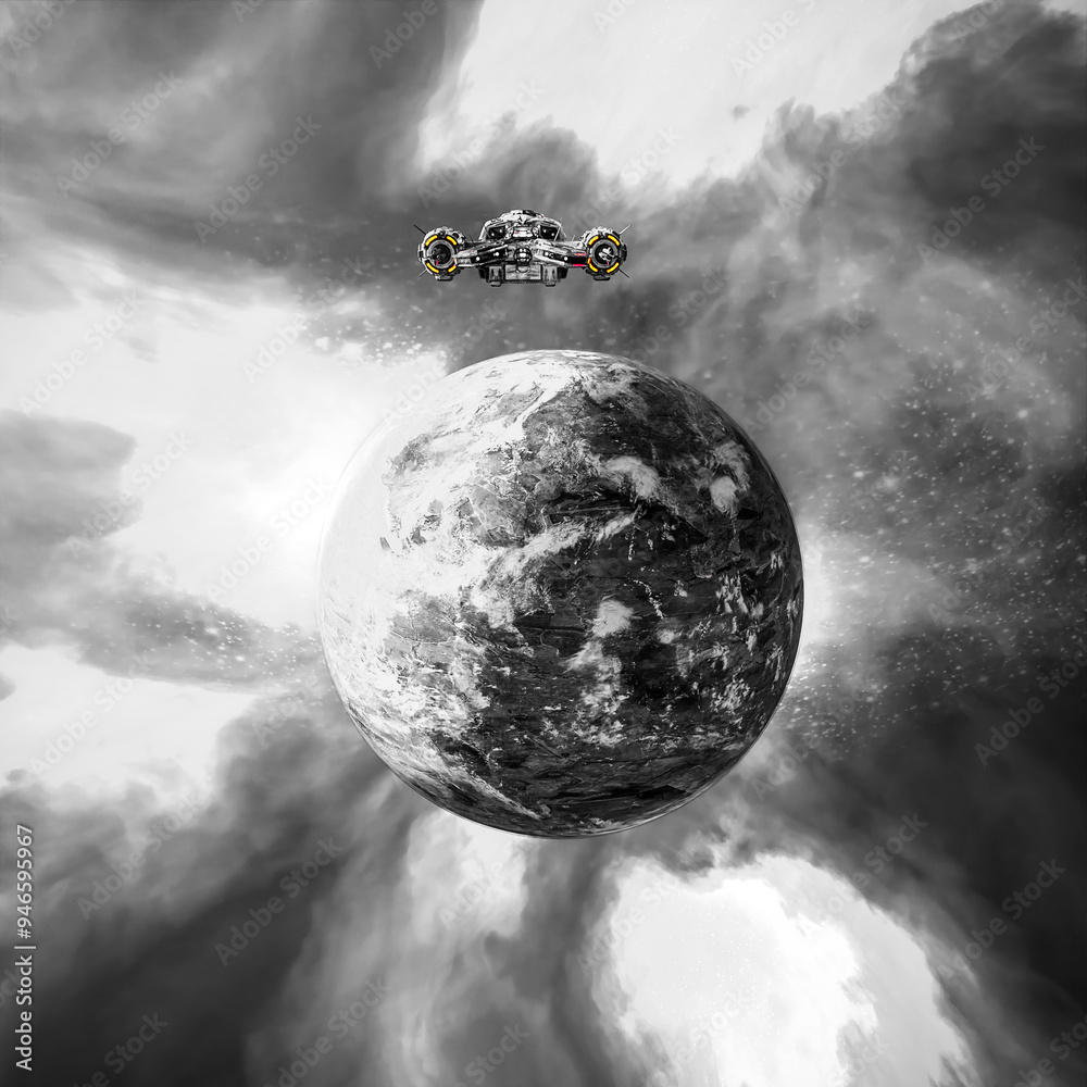 Fotografie spaceship is going to the planet in outer space front view