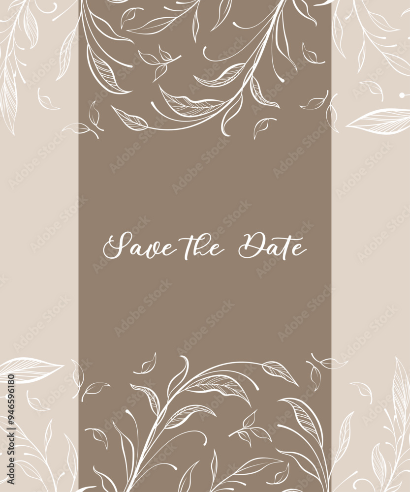 Obraz premium Wedding invitation template with outline foliage branches in pastel color. Rsvp card design template. Vector.