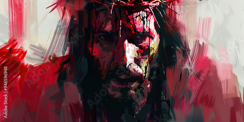 An abstract expressionist portrait of Jesus wearing a crown of thorns, conveying the physical and emotional suffering he endured. photo