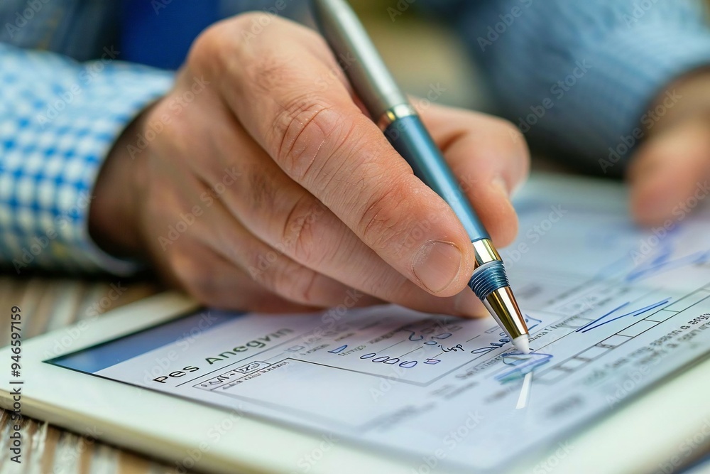 close-up shot of a businessman's hand using an electronic pen to sign a virtual document on a tablet screen. The focus is on the action of signing, emphasizing the concept close-up shot of a businessman's hand using an electronic pen to sign a virtual document on a tablet screen. The focus is on the action of signing, emphasizing the concept