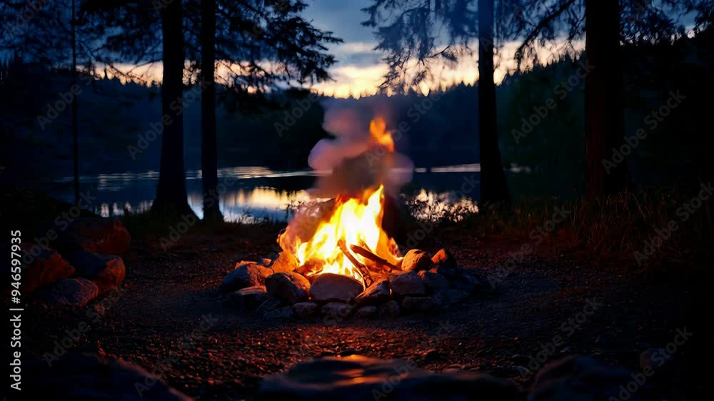 Cozy campfire surrounded by rocks, glowing warmly against a serene lake backdrop at dusk