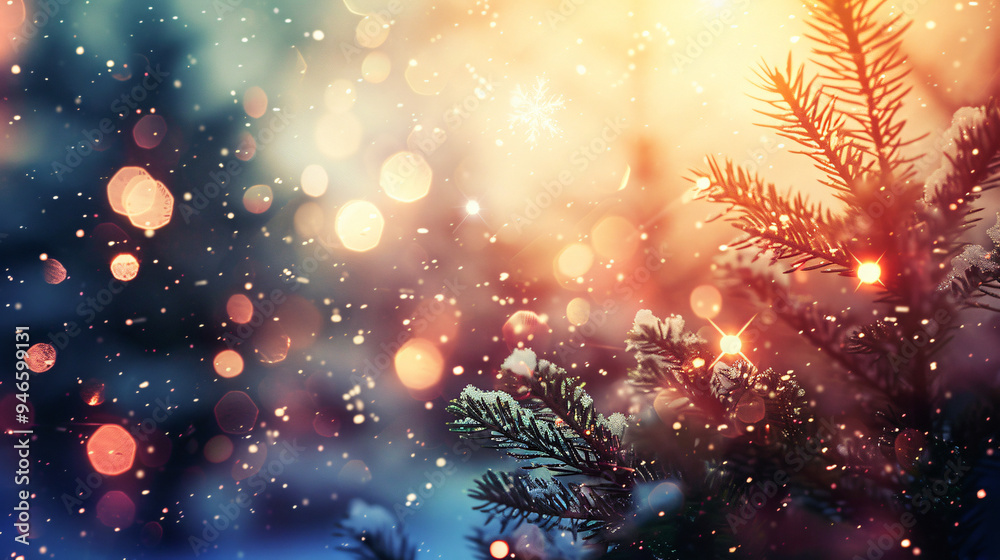 Snow falling softly on snow-covered pine tree branches at dusk with shimmering christmas lights in the background Snow falling softly on snow-covered pine tree branches at dusk with shimmering christmas lights in the background