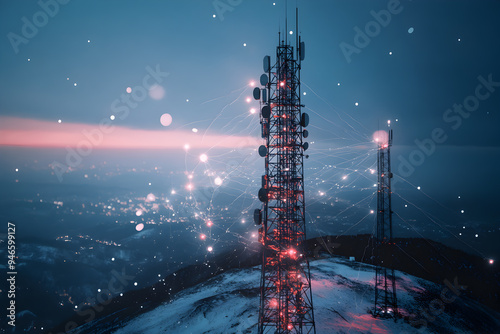 Telephony cell tower networks in telecommunication, with signals radiating, ensuring strong voice connections
