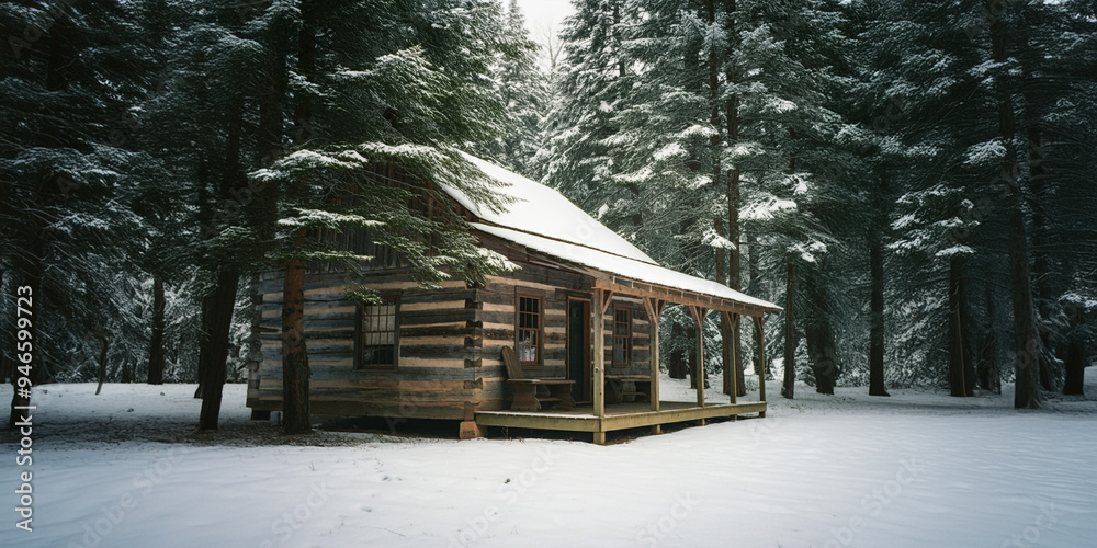 Small Rustic Wooden Log Cabin in the Woods , Covered in Snow, Forest Nature Image Small Rustic Wooden Log Cabin in the Woods , Covered in Snow, Forest Nature Image