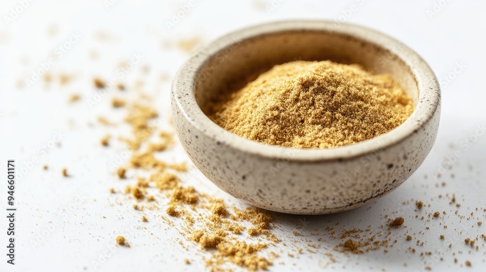 Close-up of ground cumin in a small ceramic dish, with a light dusting around it on a white background, no people. Close-up of ground cumin in a small ceramic dish, with a light dusting around it on a white background, no people.