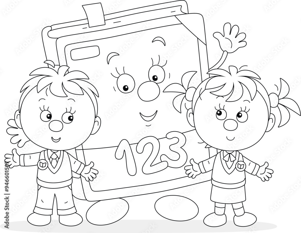 Little first graders and a cartoon character primary mathematics textbook friendly smiling and waving in greeting, black and white outline vector cartoon illustration for a coloring book Little first graders and a cartoon character primary mathematics textbook friendly smiling and waving in greeting, black and white outline vector cartoon illustration for a coloring book