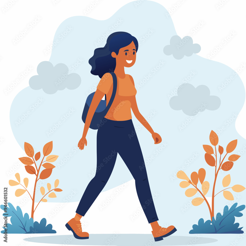 Young woman happily walking outdoors with a backpack amidst greenery and clouds in the background Young woman happily walking outdoors with a backpack amidst greenery and clouds in the background