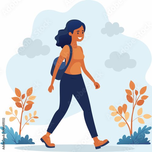 Young woman happily walking outdoors with a backpack amidst greenery and clouds in the background