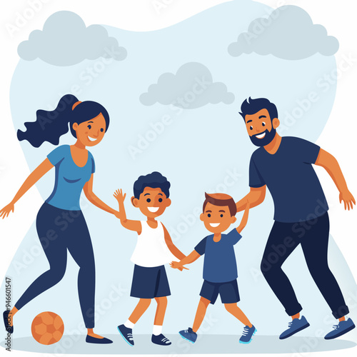 Joyful family playing together outdoors with their two children and a soccer ball against a playful cloud background