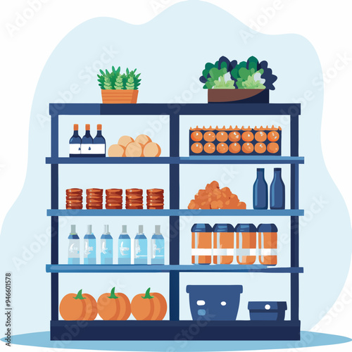 Neatly organized shelf displaying various food items including fruits, cans, and bottles against a light background