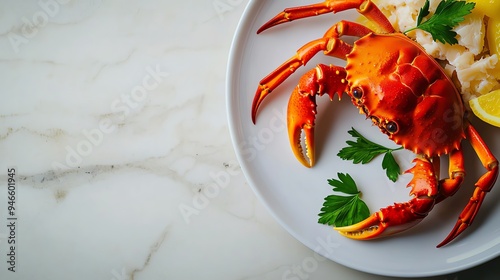 Freshly carved crab meat on a white plate, delicate texture and vibrant colors, inviting presentation, with ample copy space for text photo