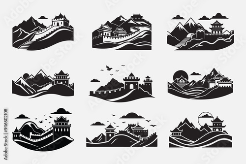 Great Wall of China Silhouette Landscape with Traditional Architecture and Rising Sun