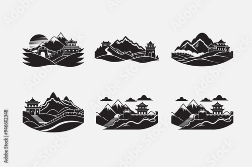 Great Wall of China Silhouette Landscape with Traditional Architecture and Rising Sun