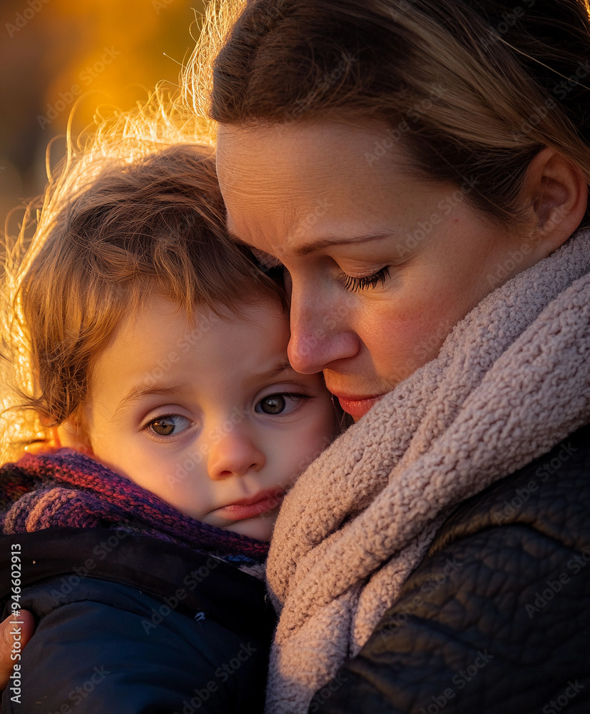 middle-aged woman embracing a young child, both with teary eyes, in an urban park during autumn middle-aged woman embracing a young child, both with teary eyes, in an urban park during autumn