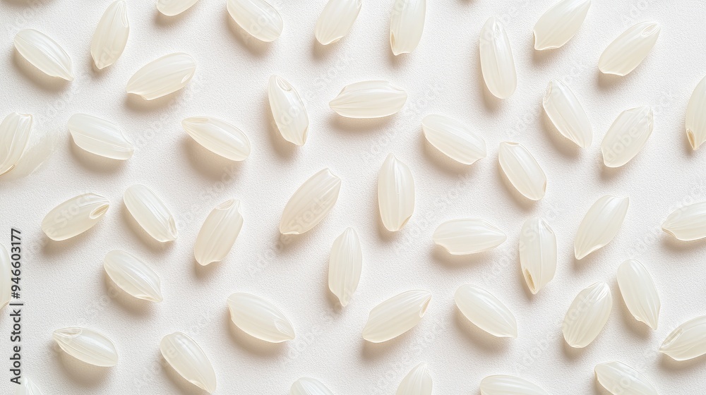 Close-up of jasmine rice grains arranged in a simple pattern on a white surface, focusing on their smooth texture and uniform shape, no people. Close-up of jasmine rice grains arranged in a simple pattern on a white surface, focusing on their smooth texture and uniform shape, no people.