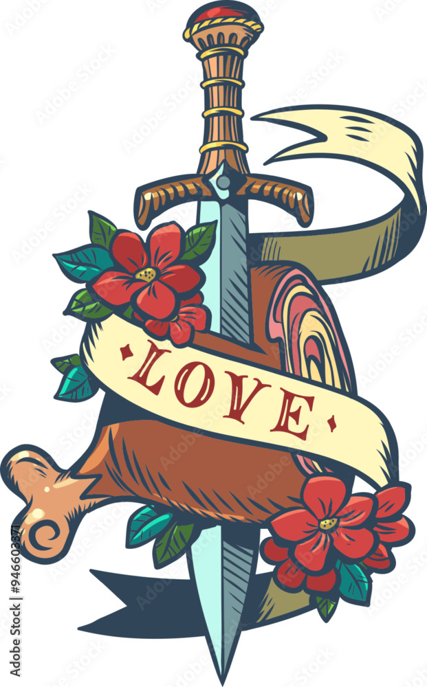 Fototapeta premium The sword pierces a piece of meat with the inscription love. Prestigious restaurant with selected menu and food. Stylish medieval symbol of love for delicious food.
