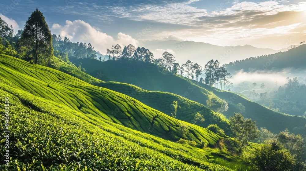 Tea plantation on a steep hillside, showcasing the challenging terrain and the beauty of the landscape. Ideal for nature and travel photography. Tea plantation on a steep hillside, showcasing the challenging terrain and the beauty of the landscape. Ideal for nature and travel photography.