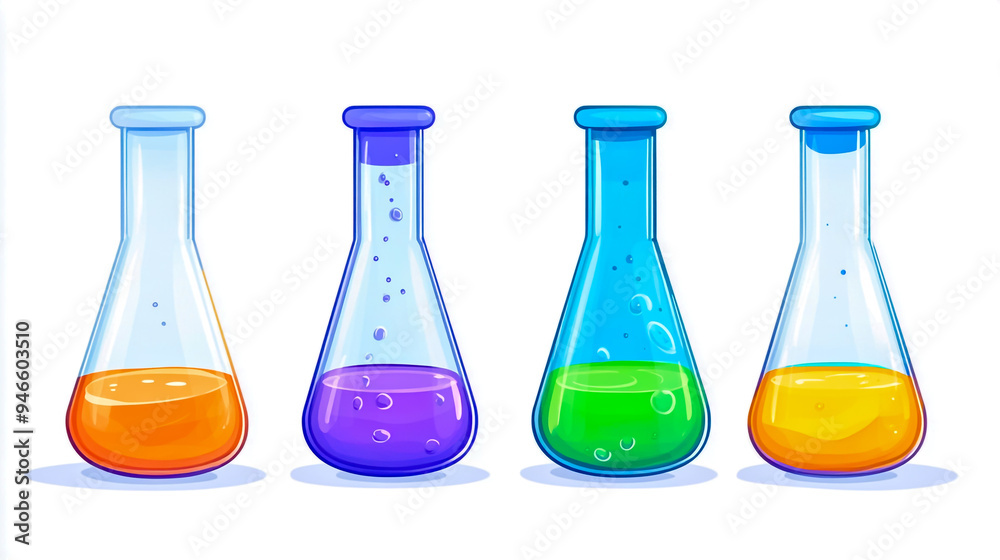 Glass beakers with vibrant liquids on a white background Glass beakers with vibrant liquids on a white background