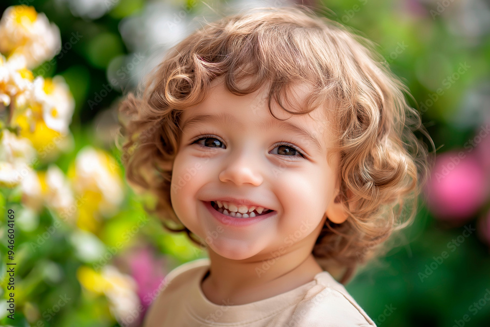Happy toddler with curly blonde hair smiling in a vibrant garden with colorful flowers and greenery in the background Happy toddler with curly blonde hair smiling in a vibrant garden with colorful flowers and greenery in the background