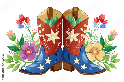 4th of july pair of old leather cowboy boots Flowers watercolor clipart illustration with isolated background.
