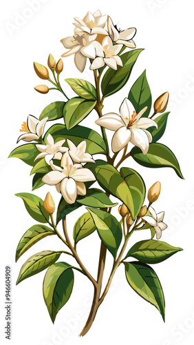 Illustration Of Jasmine Flowers With Leaves -looming jasmine flowers with vibrant green leaves. Perfect for botanical art, nature themes, and floral designs conveying freshness and elegance.