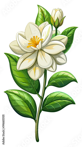 Illustration Of Jasmine Flowers With Leaves -looming jasmine flowers with vibrant green leaves. Perfect for botanical art, nature themes, and floral designs conveying freshness and elegance.