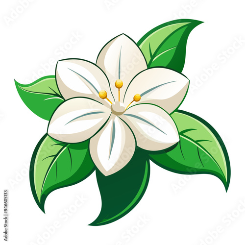 Illustration Of Jasmine Flowers With Leaves -looming jasmine flowers with vibrant green leaves. Perfect for botanical art, nature themes, and floral designs conveying freshness and elegance.