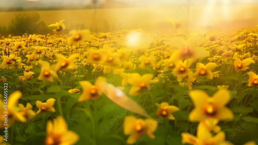 Camera flies through a field of yellow orchids, with rippling motion and ambient light creating a golden hue Camera flies through a field of yellow orchids, with rippling motion and ambient light creating a golden hue