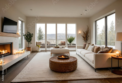 Stylish ome interior design of modern living room. Rattan lounge chair, wicker, pouf and white sofa by fireplace. 