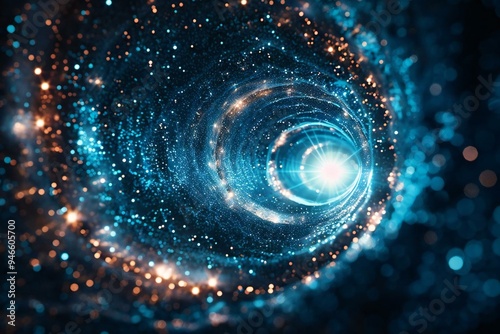 3D render of a glowing hyperspace tunnel twisting through space with bright stars shining around it.