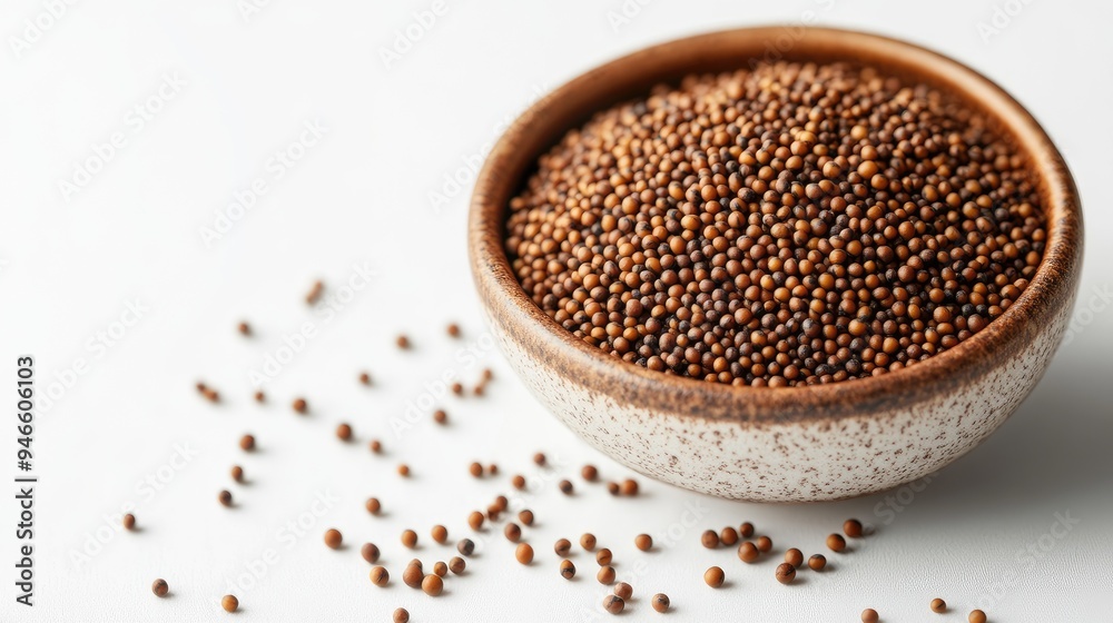Close-up of mustard seeds piled in a small ceramic dish, with a few scattered around on a white background, no people. Close-up of mustard seeds piled in a small ceramic dish, with a few scattered around on a white background, no people.