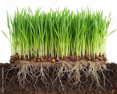 Green grass sprouts growing out of the ground in close-up