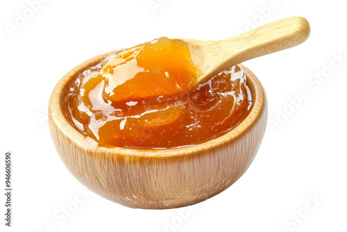 A jar of homemade orange marmalade or peach jam isolated on white transparent background, perfect for enhancing breakfast and desserts