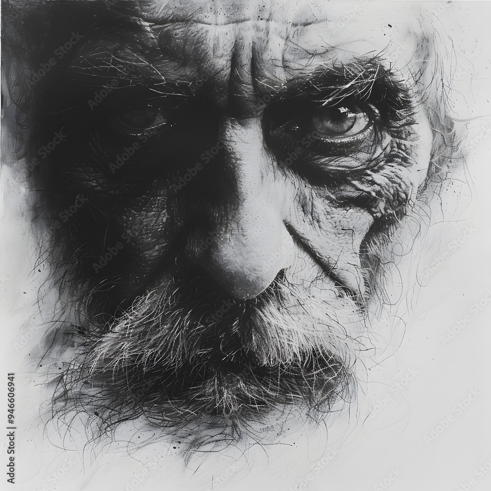 Obraz premium Close-up of an elderly man with deep wrinkles and expressive eyes, reflecting life filled with wisdom and experience