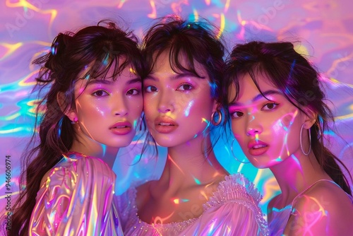 photoshoot featuring models posing against a holographic background with neon colors and metallic textures reminiscent of the 80s and 90s. The aesthetic is a blend of synthwave, vaporwave