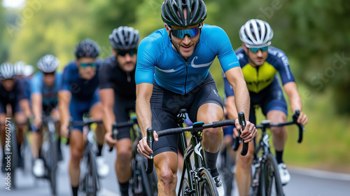 Cyclists Racing in Tight Formation on Road During Competition