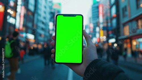 Wallpaper Mural POV Close up of smartphone held in man's hand with twilight Asian city background. Smart phone screen is a chroma key green screen. Torontodigital.ca
