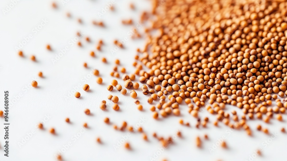 Close-up of mustard seeds spread across a white background, focusing on their round shape and texture, no people. Close-up of mustard seeds spread across a white background, focusing on their round shape and texture, no people.